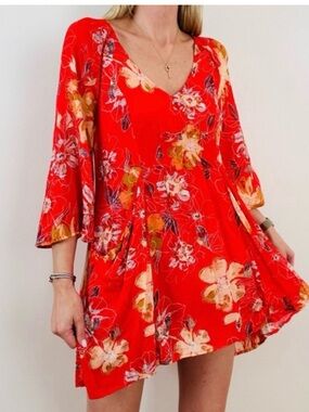 Free People Red Floral V-Neck Mini Dress